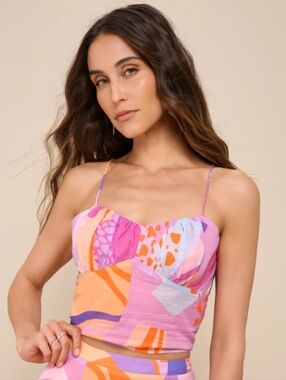 Lulu's Summery Getaway Pink Multi Abstract Print Lace-Up Crop Top Size M